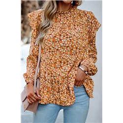 Orange Ruffle Collar Long Sleeve Peplum Top