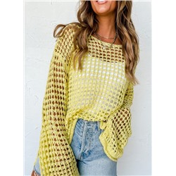 Yellow Open Knit Crochet Bell Sleeve Tunic Sweater