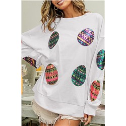 White Sequined Easter Egg Drop Shoulder Oversized Sweatshirt