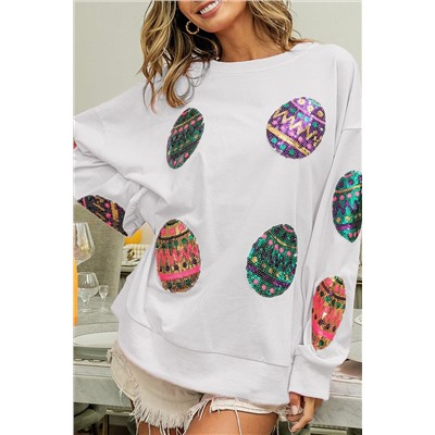 White Sequined Easter Egg Drop Shoulder Oversized Sweatshirt