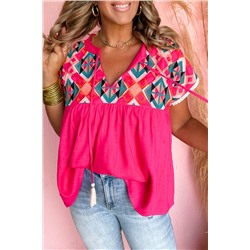 Strawberry Pink Geometric Embroidered Tassel Tie V Neck Blouse