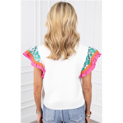 White Contrast Ricrac Floral Sleeve Top