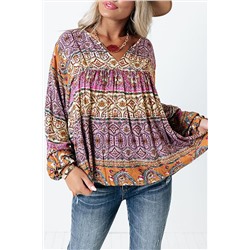 Multicolor Boho Print V Neck Bubble Sleeve Blouse