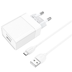 Адаптер Сетевой с кабелем Borofone BA47A Mighty QC3.0 USB 3A/18W (USB/Micro USB) (white)