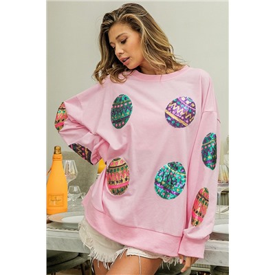 Pink Sequined Easter Egg Drop Shoulder Oversized Sweatshirt