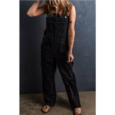 Black Adjustable Buckle Straps Multi Pocket Denim Overalls