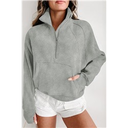 Gray Zip Up Stand Collar Ribbed Thumbhole Sleeve Sweatshirt