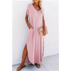 Pink V Neck Hidden Pocket Splits Maxi T-shirt Dress