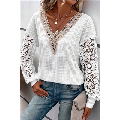 White Lace Splicing V Neck Puff Sleeve Top