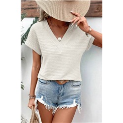 Pale Khaki Textured Wide Sleeve V Neck T Shirt