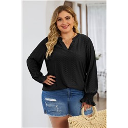 Black Eyelet Jacquard Split Neck Flounce Sleeve Plus Size Blouse