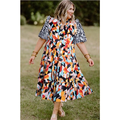 Pink Contrast Puff Sleeve Abstract Print Tiered Plus Size Dress