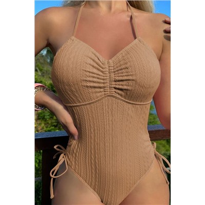 Camel Textured Ruched Bust Drawstrings Sides One Piece Swimwear