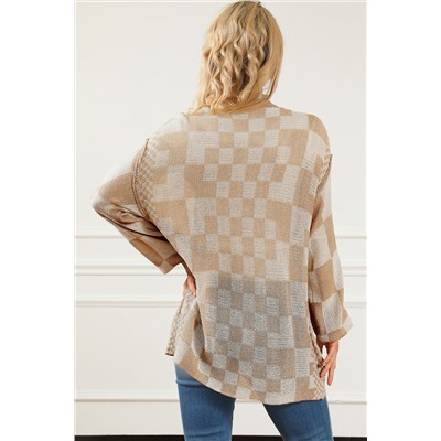 Khaki Mixed Checker Knit Drop Shoulder Cardigan