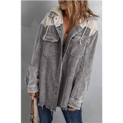 Gray Color Block Button Down Hooded Corduroy Jacket