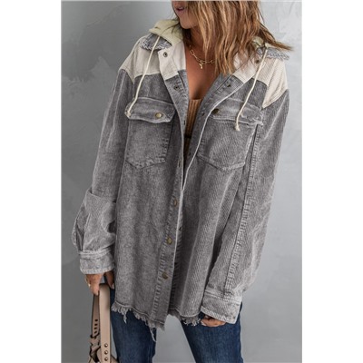 Gray Color Block Button Down Hooded Corduroy Jacket