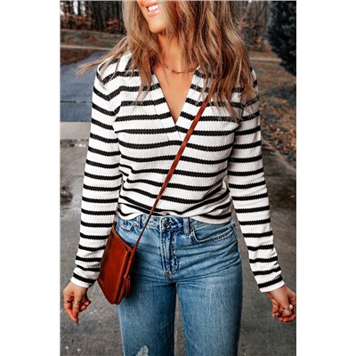 Stripe Collared V Neck Lightweight Knit Casual Sweater