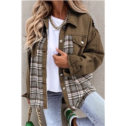 Brown Plaid Patchwork Pockets Denim Jacket