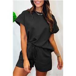 Black 2pcs Solid Textured Drawstring Shorts Set