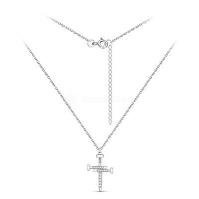Колье с гвоздиками в виде креста из серебра с фианитами родированное - Удлиннитель 5 см