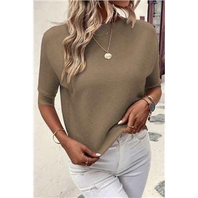 Coffee Round Neck Half Sleeve Ribbed Knit Top