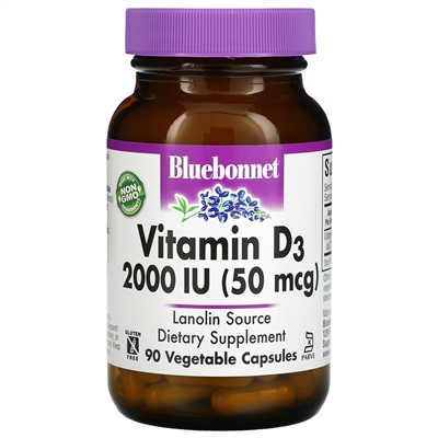 Bluebonnet Nutrition, Vitamin D3, 50 mcg (2,000 IU), 90 Vegetable Capsules