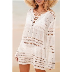 White Lace-up V Neck Hollow Out Knitted Long Sleeve Cover Up