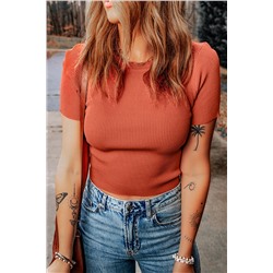 Tomato Red Ribbed Knit Crewneck Crop Sheath Sweater T Shirt