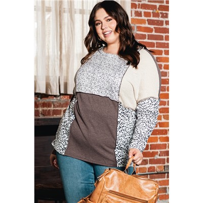 Brown Plus Size Leopard Waffle Ribbed Knit Patchwork Top