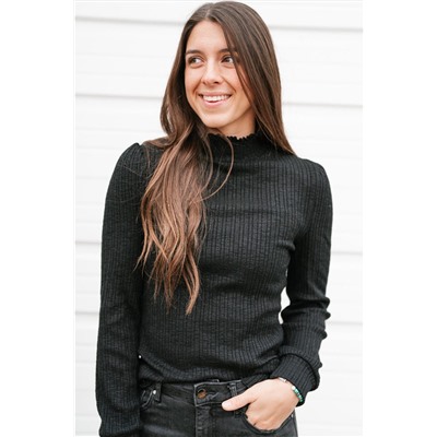 Black Solid Color Ruffled High Neck Long Sleeve Top