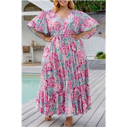 Purple Plus Floral V Neck Flared Short Sleeve Long Dress