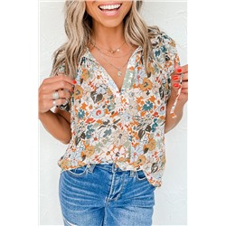 Multicolor Split V Neck Puff Sleeve Flower Print Blouse