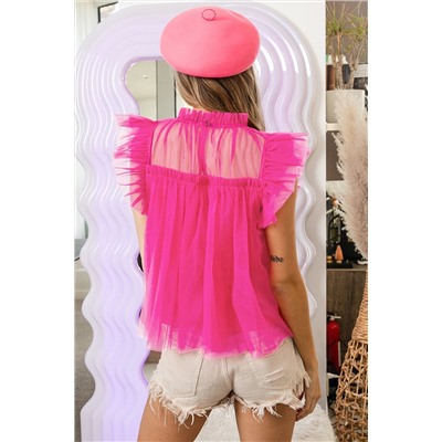 Strawberry Pink Tulle Ruffle Sleeve Flared Babydoll Blouse