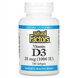 Natural Factors, Vitamin D3, 25 mcg (1,000 IU), 180 Softgels