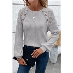 Gray Contrast Lace Raglan Sleeve Buttoned Ribbed Top