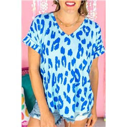 Sky Blue Leopard Printed V Neck Plus Size T Shirt
