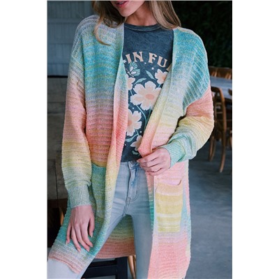 Green  Gradient Knit Open Cardigan with Pockets