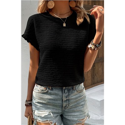 Black Solid Textured Ruffled Short Sleeve Blouse