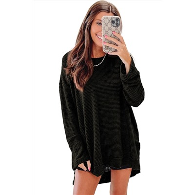 Black Waffle Knit High Slits Oversized Top