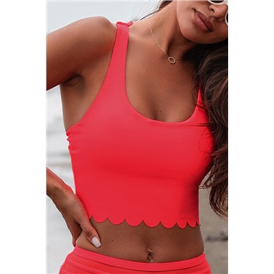 Fiery Red Scalloped Crossed Straps Cropped Bikini Top