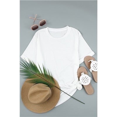 White Round Neck Rolled Sleeve Plus Size T-shirt