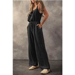 Black Knotted Straps Button Textured Drawstring Jumpsuit