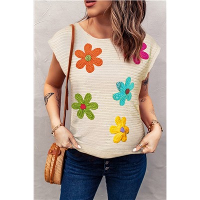 White Flower Crochet Round Neck Knitted Top