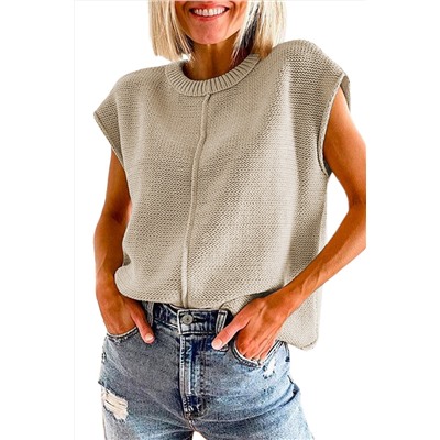 Oatmeal Solid Color Cap Sleeve Knitted Sweater