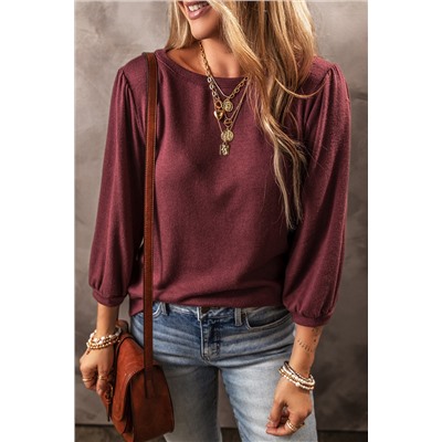 Red Dahlia Solid Color 3/4 Sleeve Round Neck Top