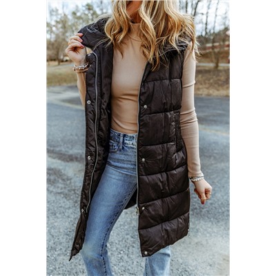 Black Hooded Long Quilted Vest Coat