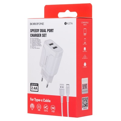 Адаптер Сетевой с кабелем Borofone BA37A Speedy 2USB 2,4A/10W (USB/Type-C) (white)