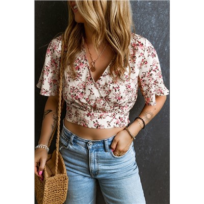 Pink Floral Print V Neck Wrapped Cropped Blouse