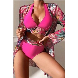 Rose Red 3pcs Tropical Contrast Trim Halter Bikini Set with Cover up