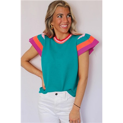 Turquoise Contrast Flutter Sleeves Knitted Sweater T Shirt